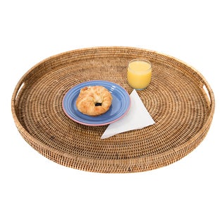 Artifacts Trading Company Rattan Oval Ottoman Tray with Cutout Handles - Honey brown